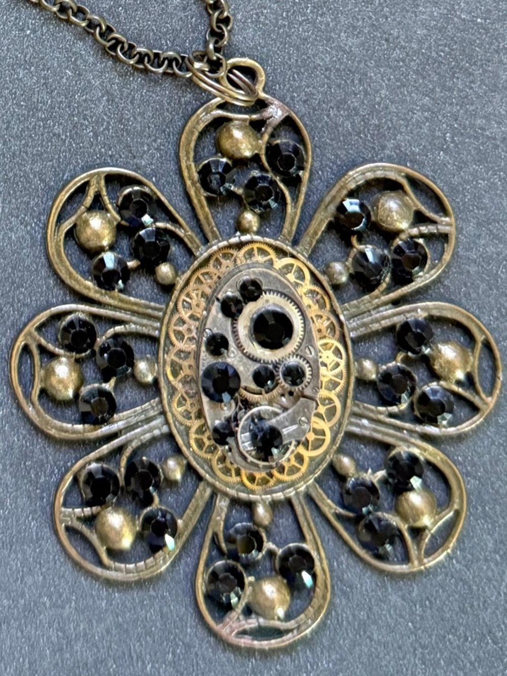 ARTISAN Dark Rhinestone Floral Medallion Necklace Steampunk Bohemian